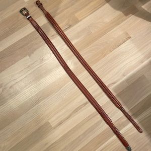 Size 36 men’s cognac, tan leather belts with woven details, 1 has silver buckle